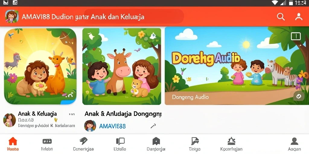 Tampilan antarmuka aplikasi AMAVI88 dengan fitur Dongeng Audio.
