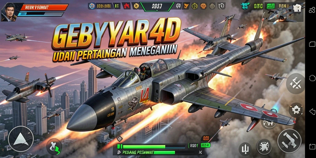 Antarmuka GEBYAR4D yang menampilkan pertempuran pesawat yang intens.